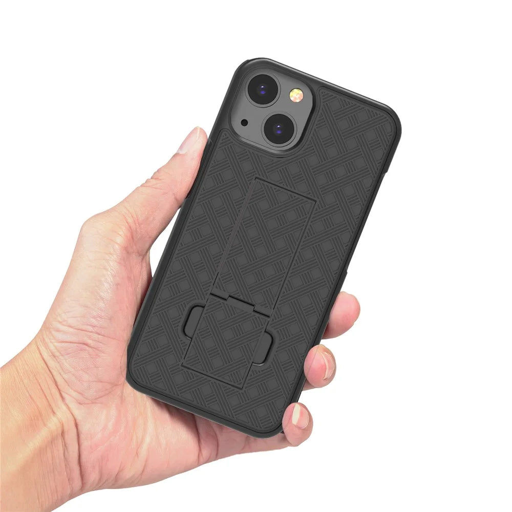 Anti-Drop Light Stylish Woven Texture Swivel Belt Clip Kickstand PC + TPU Hybrid Case for iPhone 13 mini 5.4 inch - Black - 4