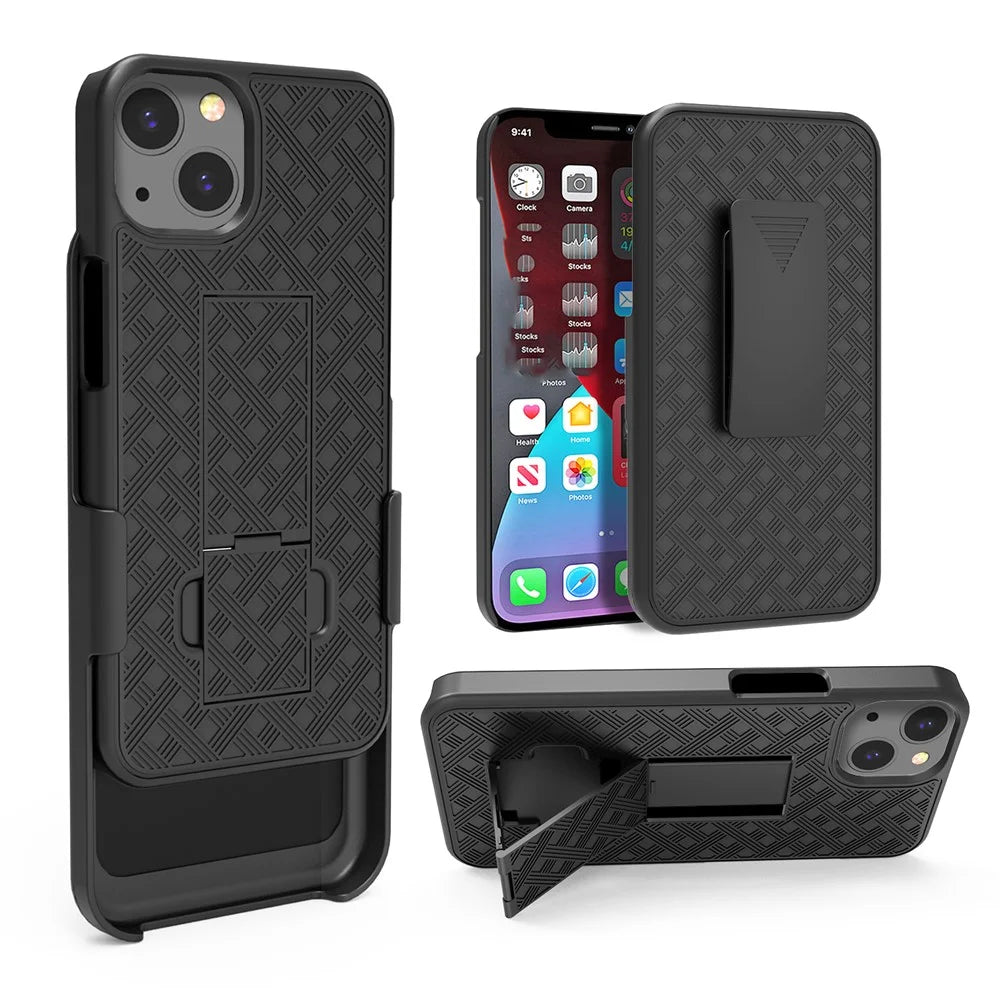 Anti-Drop Light Stylish Woven Texture Swivel Belt Clip Kickstand PC + TPU Hybrid Case for iPhone 13 mini 5.4 inch - Black - 5
