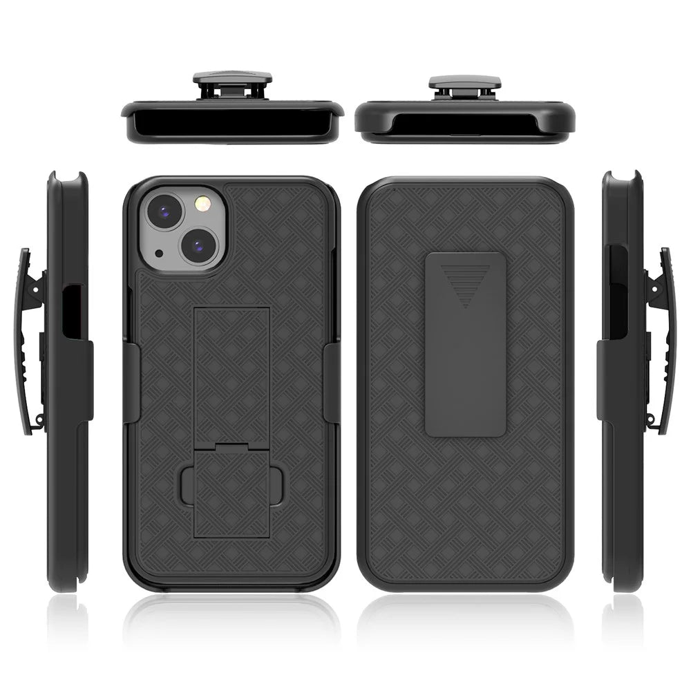 Anti-Drop Light Stylish Woven Texture Swivel Belt Clip Kickstand PC + TPU Hybrid Case for iPhone 13 mini 5.4 inch - Black - 6