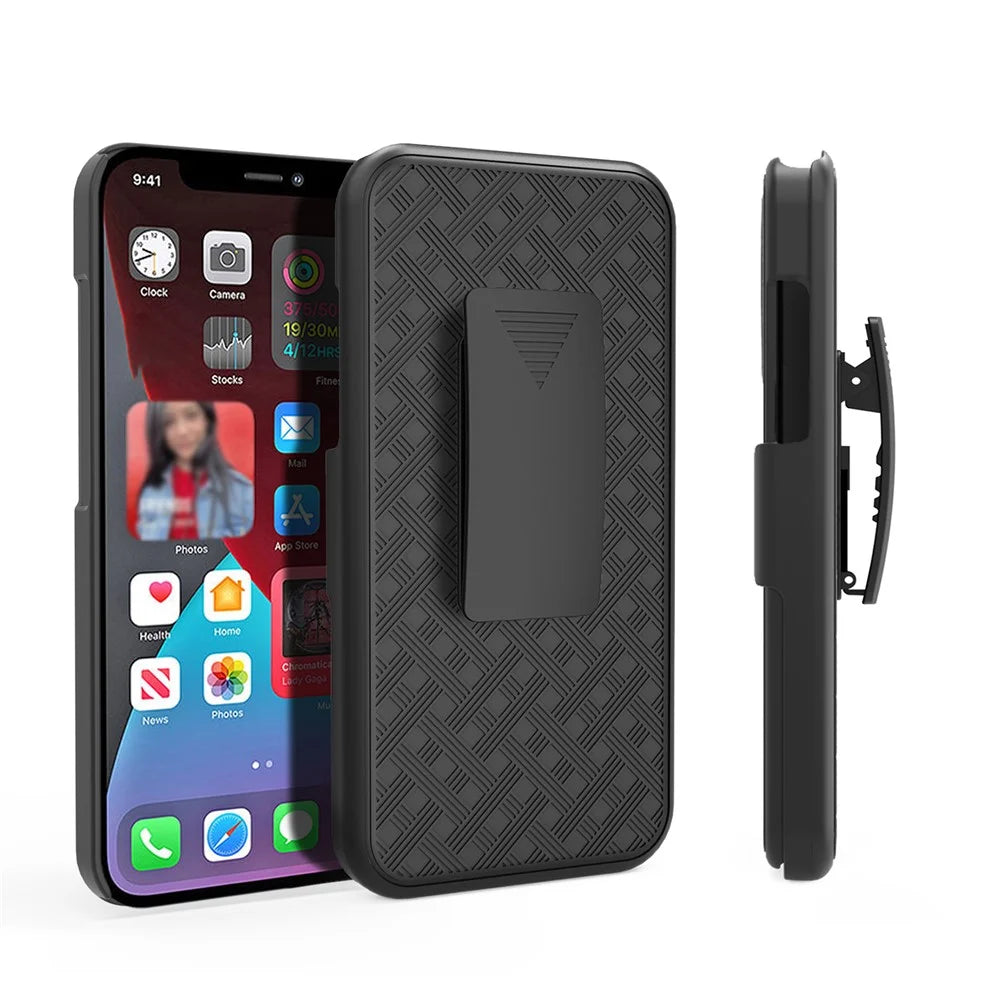 Woven Texture Anti-Fall Stylish Swivel Belt Clip Kickstand PC + TPU Hybrid Case for iPhone 13 Pro 6.1 inch - Black - 1