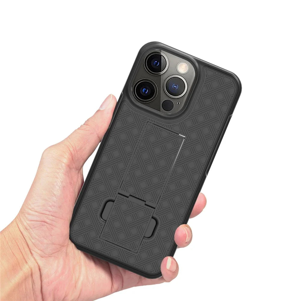 Woven Texture Anti-Fall Stylish Swivel Belt Clip Kickstand PC + TPU Hybrid Case for iPhone 13 Pro 6.1 inch - Black - 4