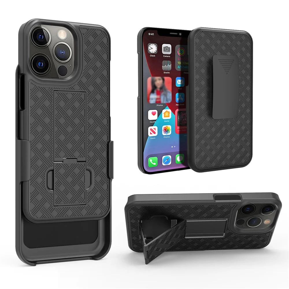Woven Texture Anti-Fall Stylish Swivel Belt Clip Kickstand PC + TPU Hybrid Case for iPhone 13 Pro 6.1 inch - Black - 5