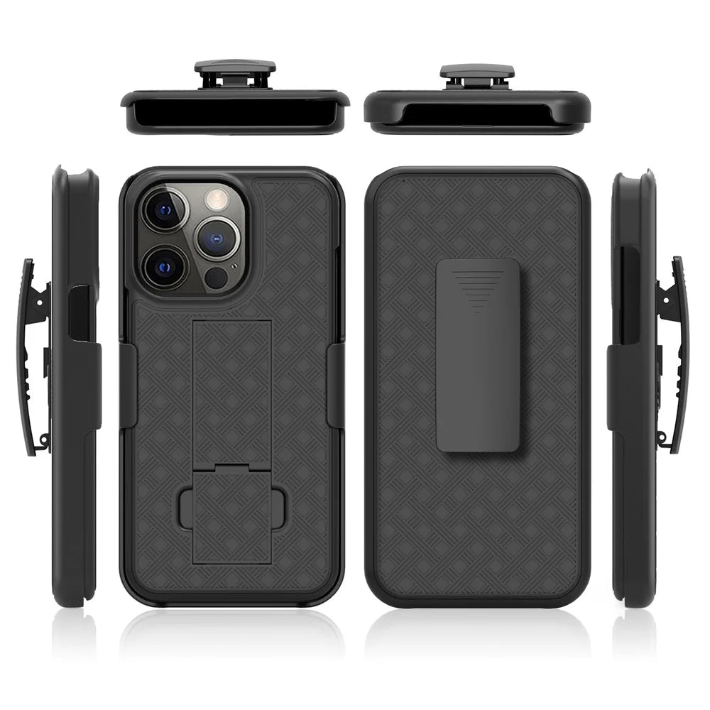 Woven Texture Anti-Fall Stylish Swivel Belt Clip Kickstand PC + TPU Hybrid Case for iPhone 13 Pro 6.1 inch - Black - 6