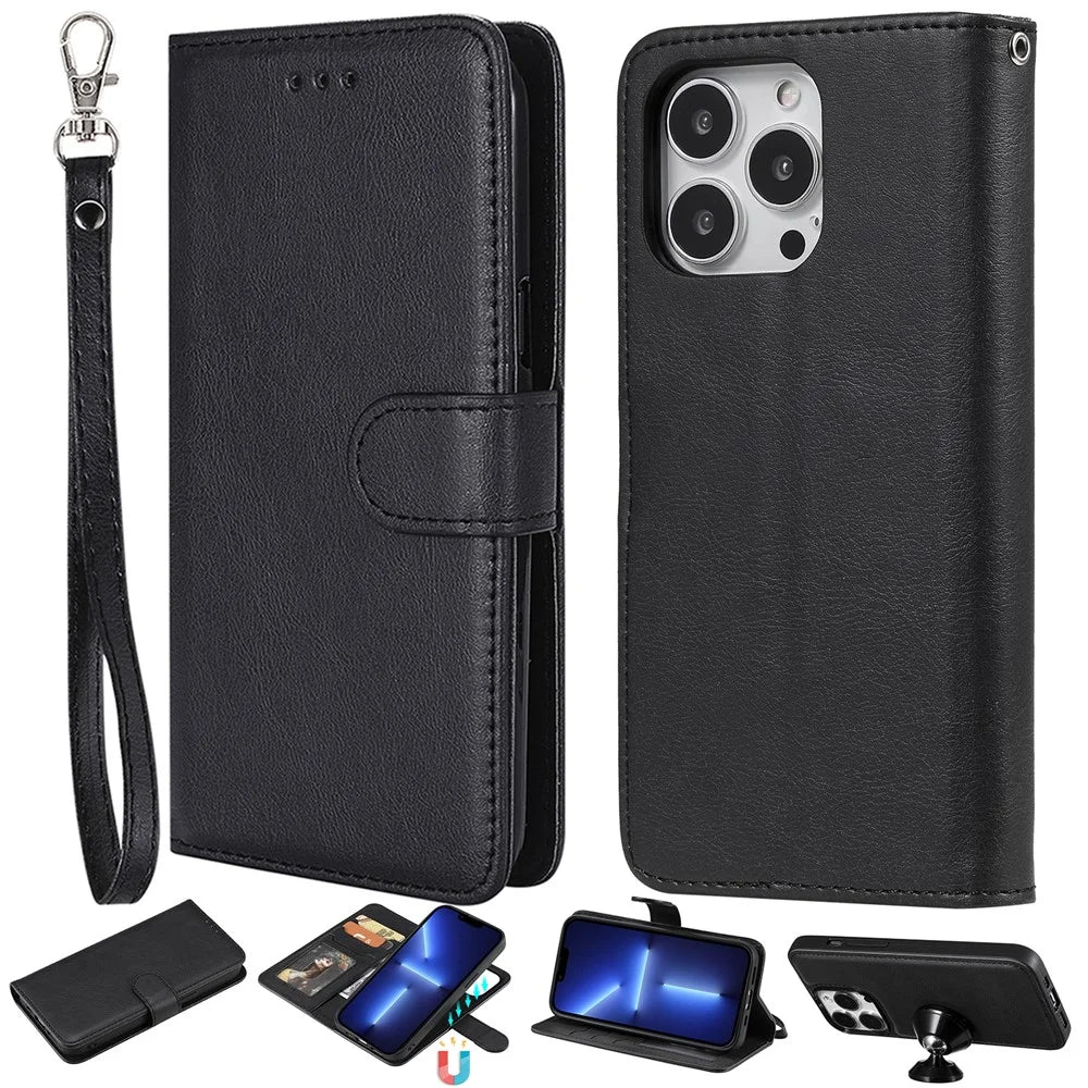 For iPhone 13 Pro Max Case 2 in 1 Detachable Magnetic Leather Wallet Mobile Cover with Strap - Black - 1