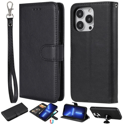 For iPhone 13 Pro Max Case 2 in 1 Detachable Magnetic Leather Wallet Mobile Cover with Strap - Black - 1