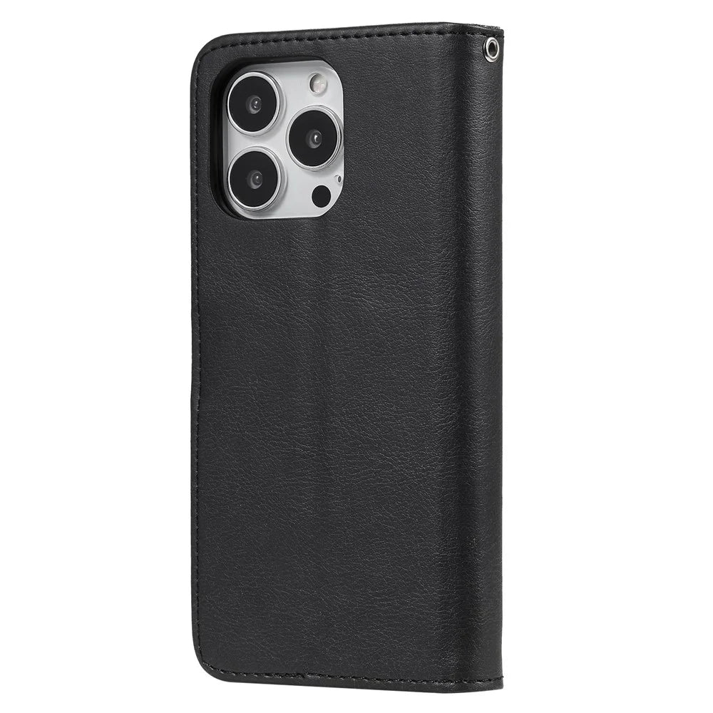 For iPhone 13 Pro Max Case 2 in 1 Detachable Magnetic Leather Wallet Mobile Cover with Strap - Black - 3
