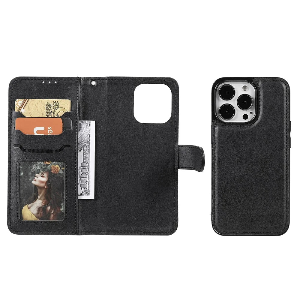 For iPhone 13 Pro Max Case 2 in 1 Detachable Magnetic Leather Wallet Mobile Cover with Strap - Black - 4