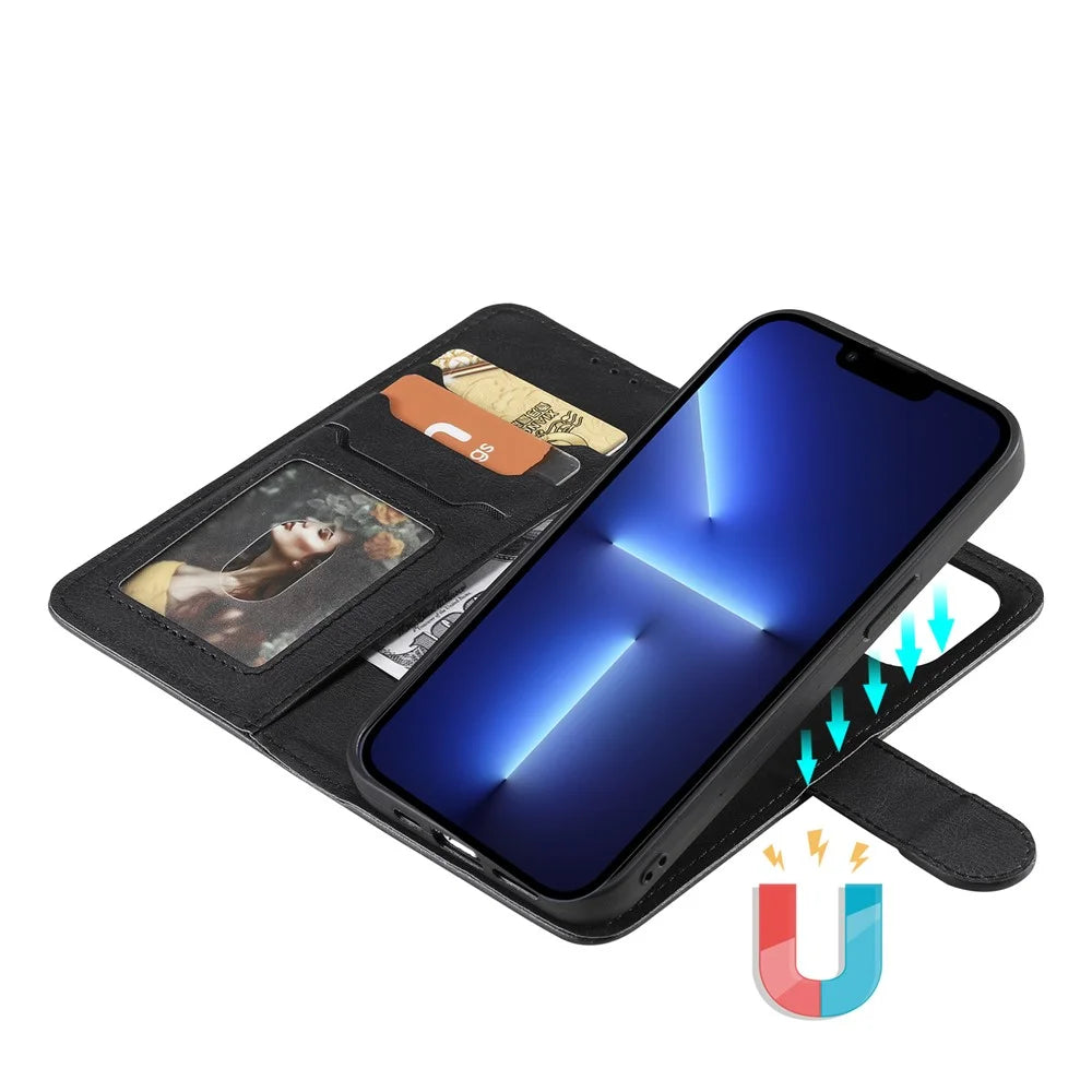 For iPhone 13 Pro Max Case 2 in 1 Detachable Magnetic Leather Wallet Mobile Cover with Strap - Black - 6
