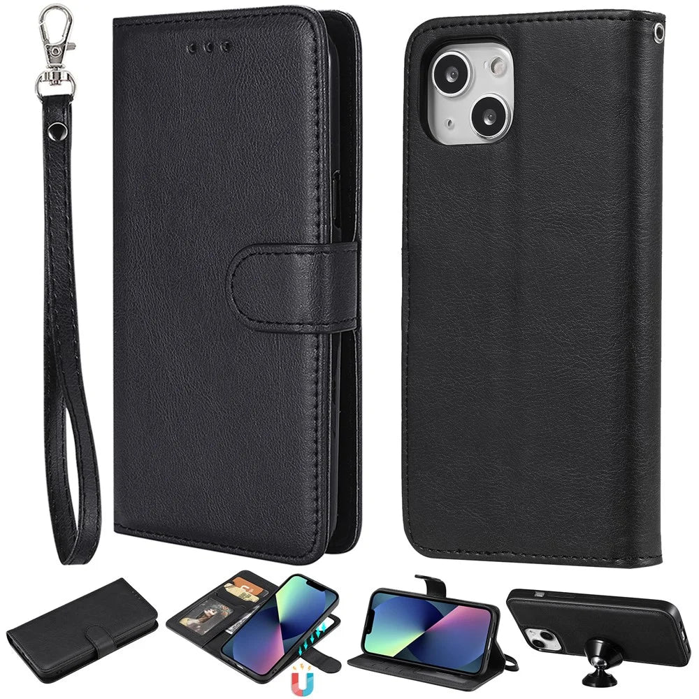For iPhone 13 Case 2 in 1 Detachable Magnetic Leather Wallet Mobile Cover with Strap - Black - 1