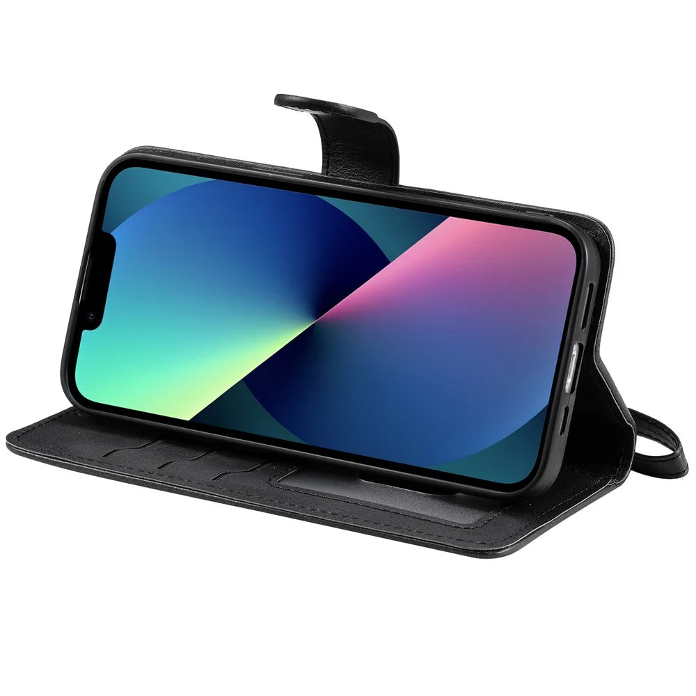 For iPhone 13 mini Case 2 in 1 Detachable Magnetic Leather Wallet Mobile Cover with Strap - Black - 6