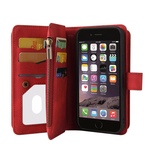 For iPhone SE (2022) / SE (2020) / 8 / 7 / 6 Zipper Wallet Case with 15 Card Slots and Strap Leather Phone Cover - Red - 1