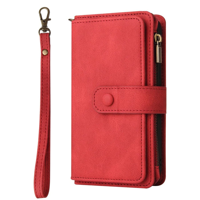 For iPhone SE (2022) / SE (2020) / 8 / 7 / 6 Zipper Wallet Case with 15 Card Slots and Strap Leather Phone Cover - Red - 2