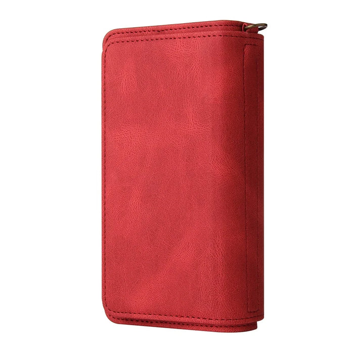 For iPhone SE (2022) / SE (2020) / 8 / 7 / 6 Zipper Wallet Case with 15 Card Slots and Strap Leather Phone Cover - Red - 3
