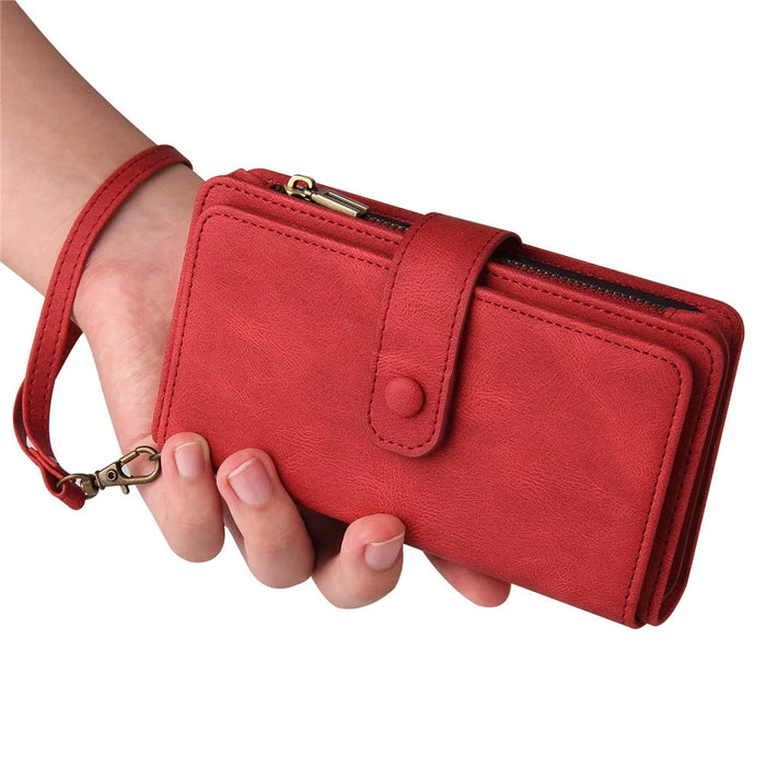 For iPhone SE (2022) / SE (2020) / 8 / 7 / 6 Zipper Wallet Case with 15 Card Slots and Strap Leather Phone Cover - Red - 4