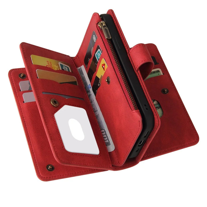 For iPhone SE (2022) / SE (2020) / 8 / 7 / 6 Zipper Wallet Case with 15 Card Slots and Strap Leather Phone Cover - Red - 5