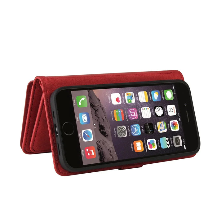 For iPhone SE (2022) / SE (2020) / 8 / 7 / 6 Zipper Wallet Case with 15 Card Slots and Strap Leather Phone Cover - Red - 6