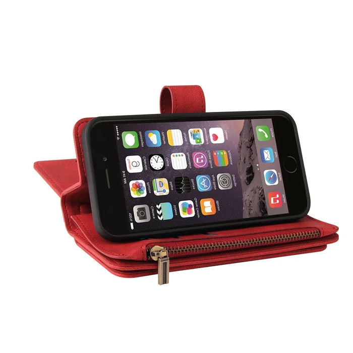 For iPhone SE (2022) / SE (2020) / 8 / 7 / 6 Zipper Wallet Case with 15 Card Slots and Strap Leather Phone Cover - Red - 7