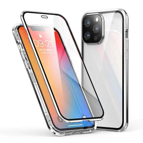 LUPHIE Electroplating Metal Frame Clear Double-Sided Tempered Glass Magnetic Case with Built-in Screen Protector for iPhone 13 Pro Max 6.7 inch - Silver - 1