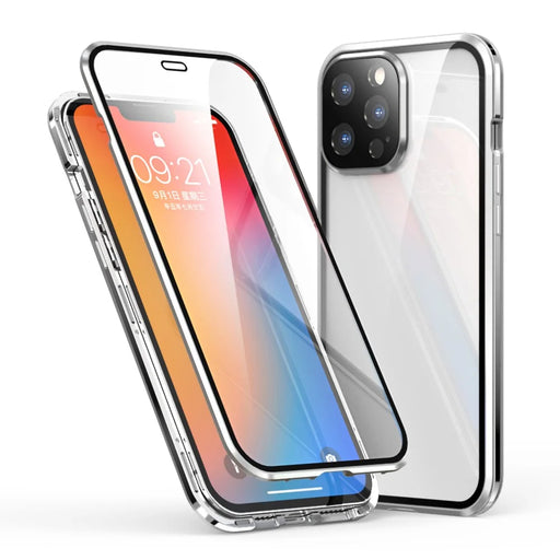 LUPHIE Electroplating Metal Frame Clear Double-Sided Tempered Glass Magnetic Case with Built-in Screen Protector for iPhone 13 Pro Max 6.7 inch - Silver - 1