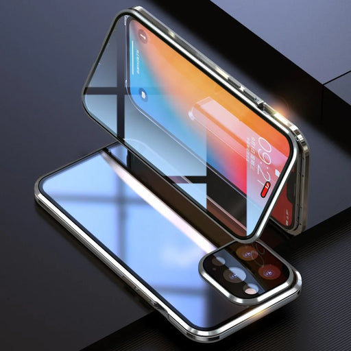 LUPHIE Electroplating Metal Frame Clear Double-Sided Tempered Glass Magnetic Case with Built-in Screen Protector for iPhone 13 Pro Max 6.7 inch - Silver - 2