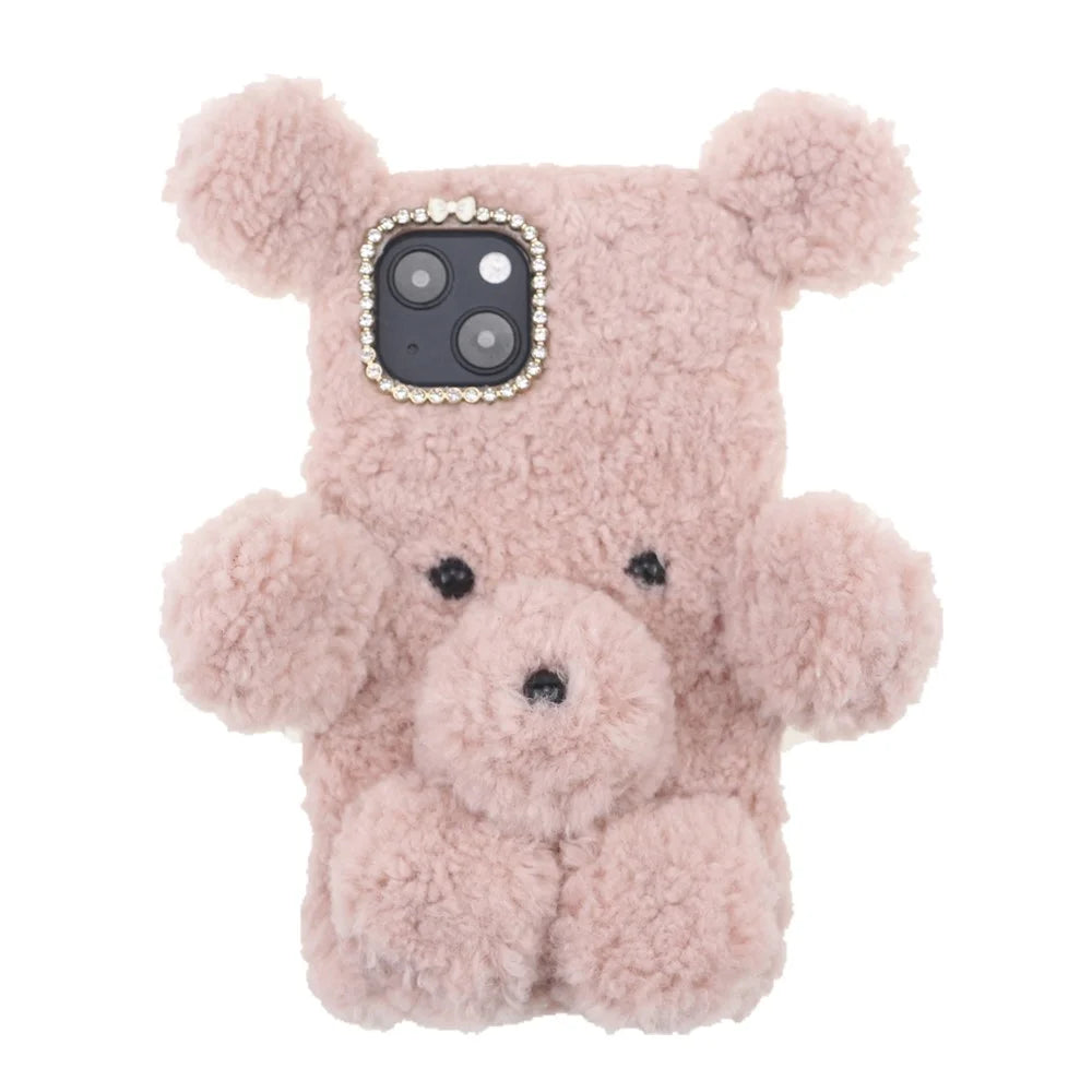 3D Furry Bear Plush Doll Anti-fall TPU Phone Case Shell for iPhone 13 6.1 inch - Pink - 1