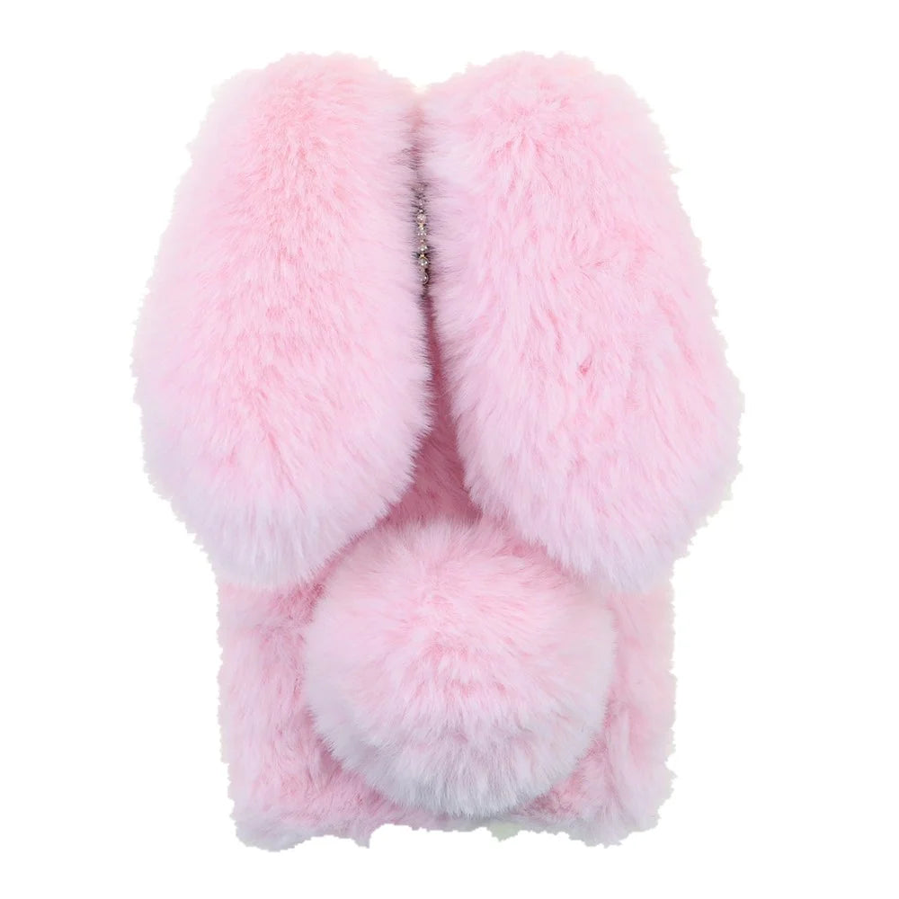 Soft Handmade Fluffy Furry Cute Bunny Stylish Case Rhinestone Bow Knot TPU Shell for iPhone 13 6.1 inch - Pink - 1