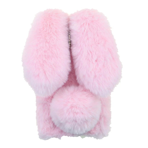 Soft Handmade Fluffy Furry Cute Bunny Stylish Case Rhinestone Bow Knot TPU Shell for iPhone 13 6.1 inch - Pink - 1