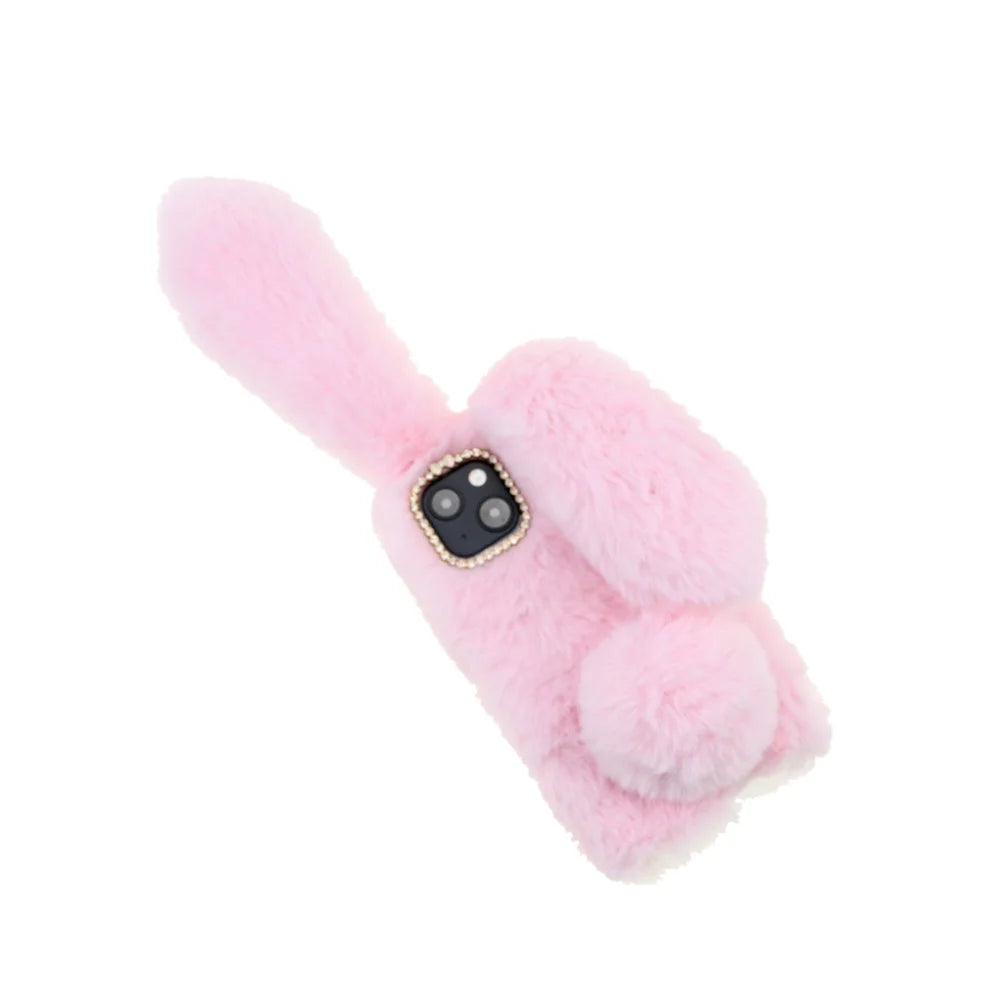 Soft Handmade Fluffy Furry Cute Bunny Stylish Case Rhinestone Bow Knot TPU Shell for iPhone 13 6.1 inch - Pink - 3