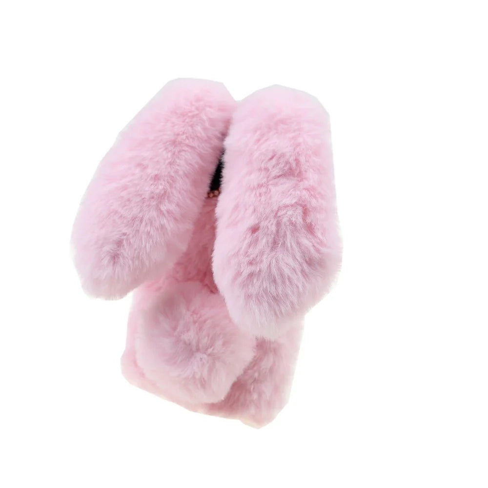 Soft Handmade Fluffy Furry Cute Bunny Stylish Case Rhinestone Bow Knot TPU Shell for iPhone 13 6.1 inch - Pink - 4