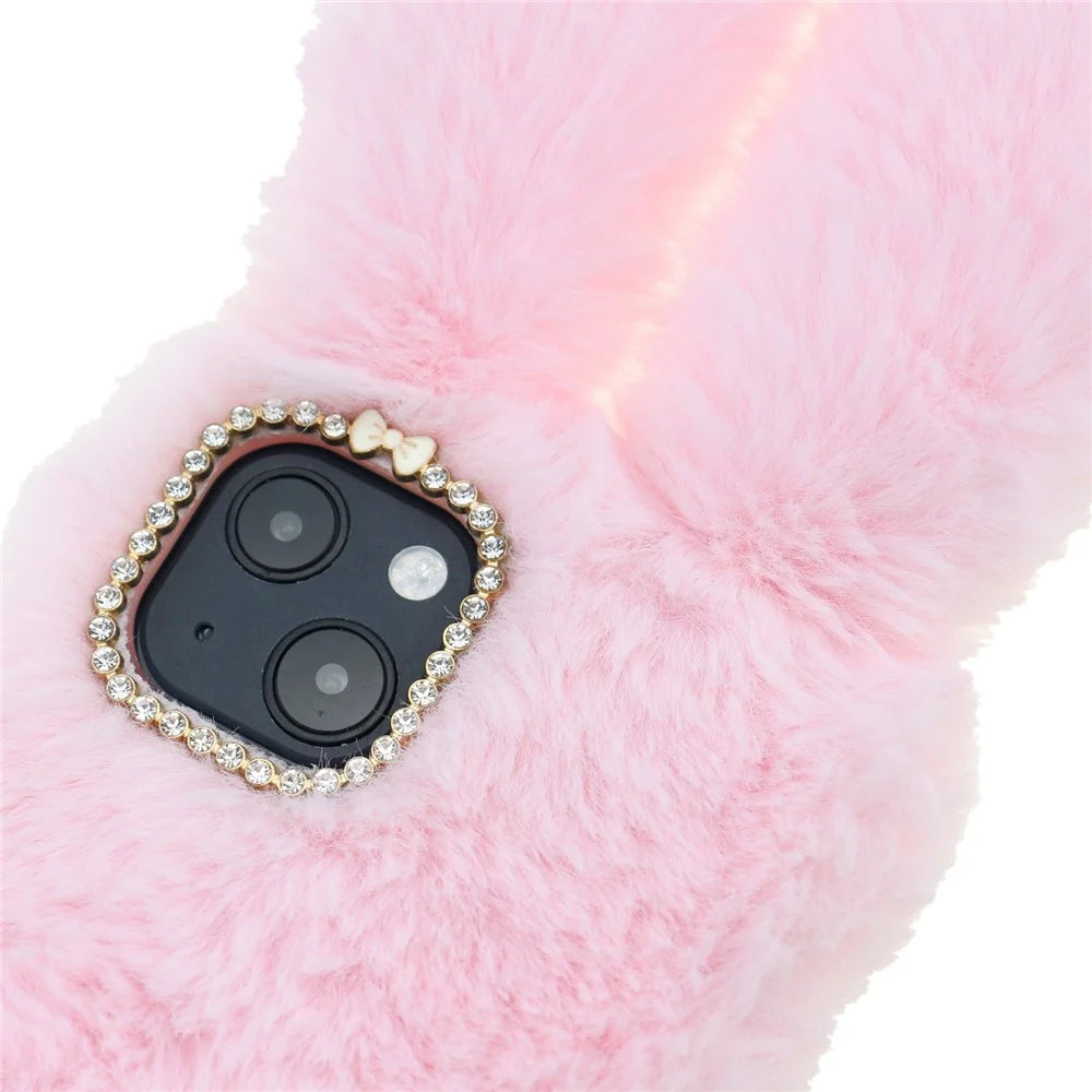 Soft Handmade Fluffy Furry Cute Bunny Stylish Case Rhinestone Bow Knot TPU Shell for iPhone 13 6.1 inch - Pink - 5