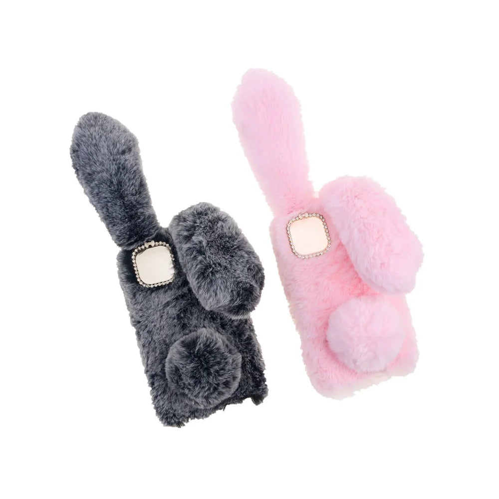 Soft Handmade Fluffy Furry Cute Bunny Stylish Case Rhinestone Bow Knot TPU Shell for iPhone 13 6.1 inch - Pink - 6
