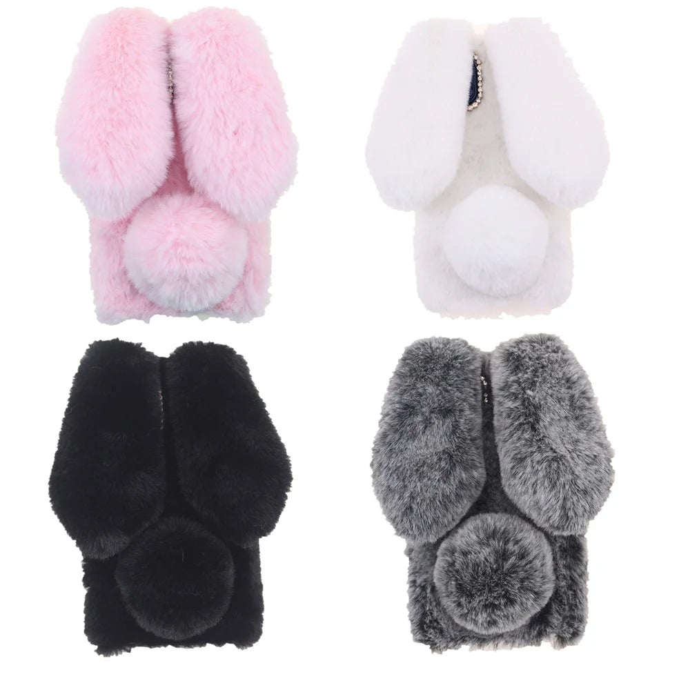 Soft Handmade Fluffy Furry Cute Bunny Stylish Case Rhinestone Bow Knot TPU Shell for iPhone 13 6.1 inch - Pink - 7