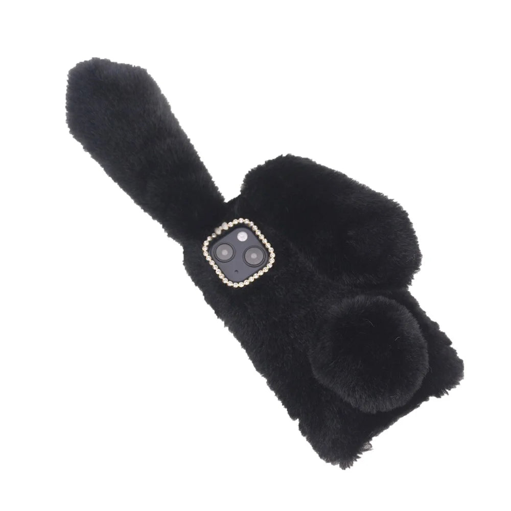 Bling Rhinestone Decor 3D Bunny Ears Soft Furry TPU Bumper Protective Skin Cover for iPhone 13 mini 5.4 inch - Black - 3