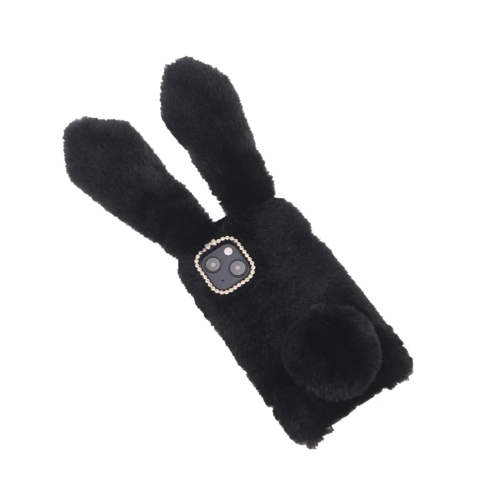 Bling Rhinestone Decor 3D Bunny Ears Soft Furry TPU Bumper Protective Skin Cover for iPhone 13 mini 5.4 inch - Black - 4