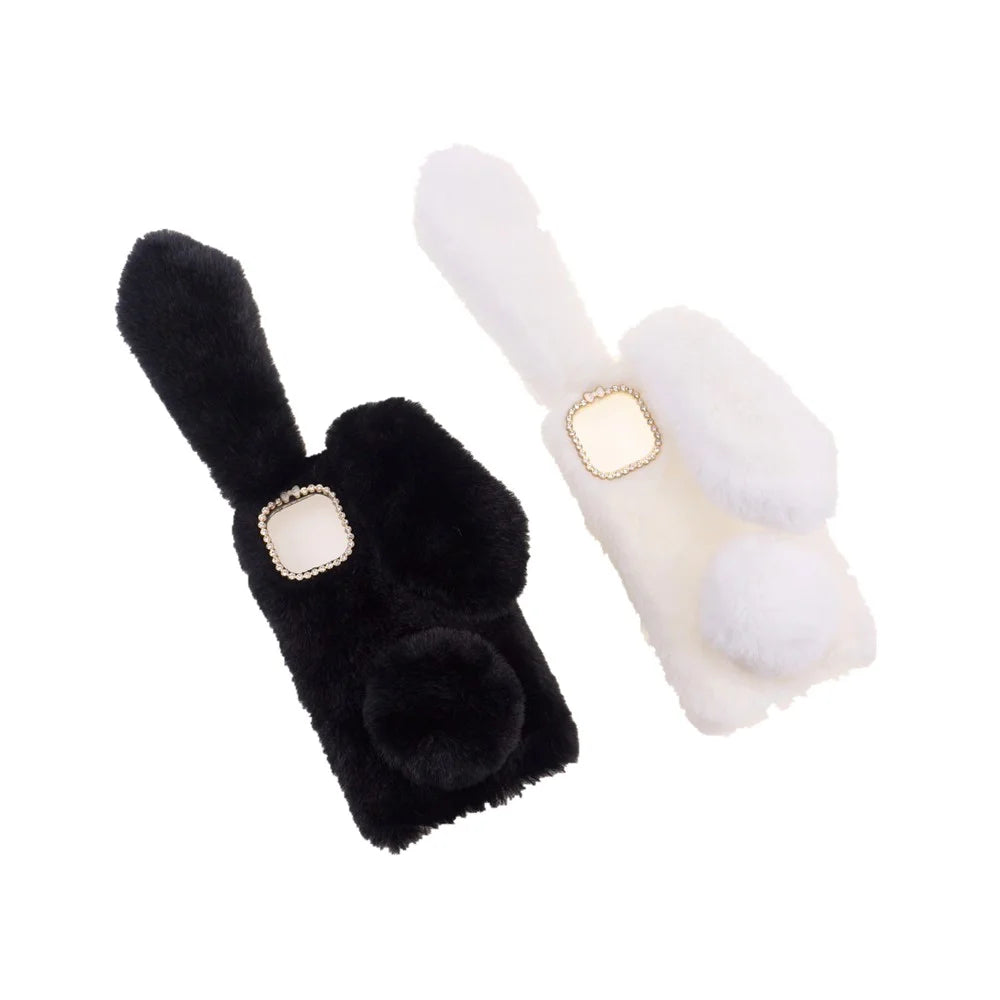 Bling Rhinestone Decor 3D Bunny Ears Soft Furry TPU Bumper Protective Skin Cover for iPhone 13 mini 5.4 inch - Black - 6