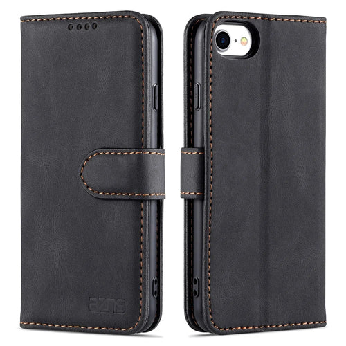 AZNS Shock-Absorbed Leather Phone Cover + Soft TPU Inner Shell Wallet Stand Case for iPhone SE (2022)/SE (2020)/8/7 - Black - 1