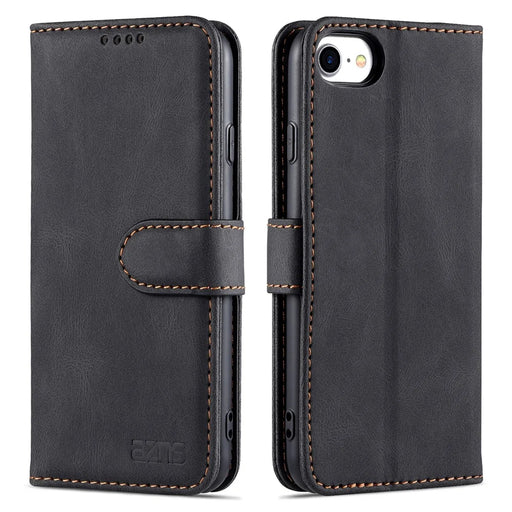 AZNS Shock-Absorbed Leather Phone Cover + Soft TPU Inner Shell Wallet Stand Case for iPhone SE (2022)/SE (2020)/8/7 - Black - 1