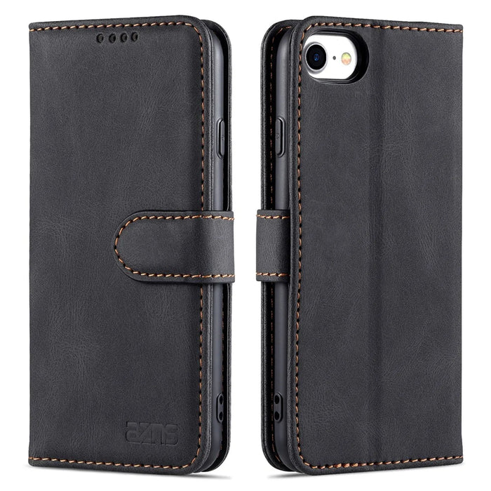 AZNS Shock-Absorbed Leather Phone Cover + Soft TPU Inner Shell Wallet Stand Case for iPhone SE (2022)/SE (2020)/8/7 - Black - 1