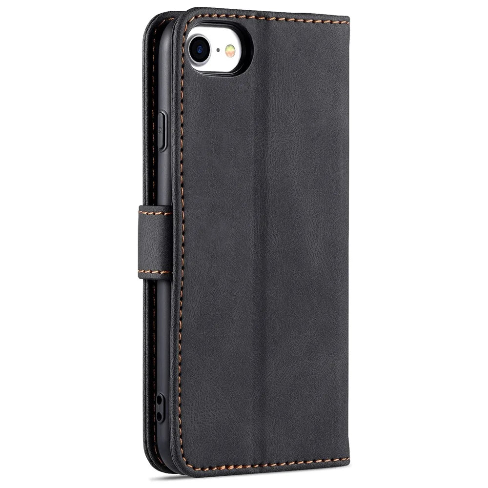 AZNS Shock-Absorbed Leather Phone Cover + Soft TPU Inner Shell Wallet Stand Case for iPhone SE (2022)/SE (2020)/8/7 - Black - 3