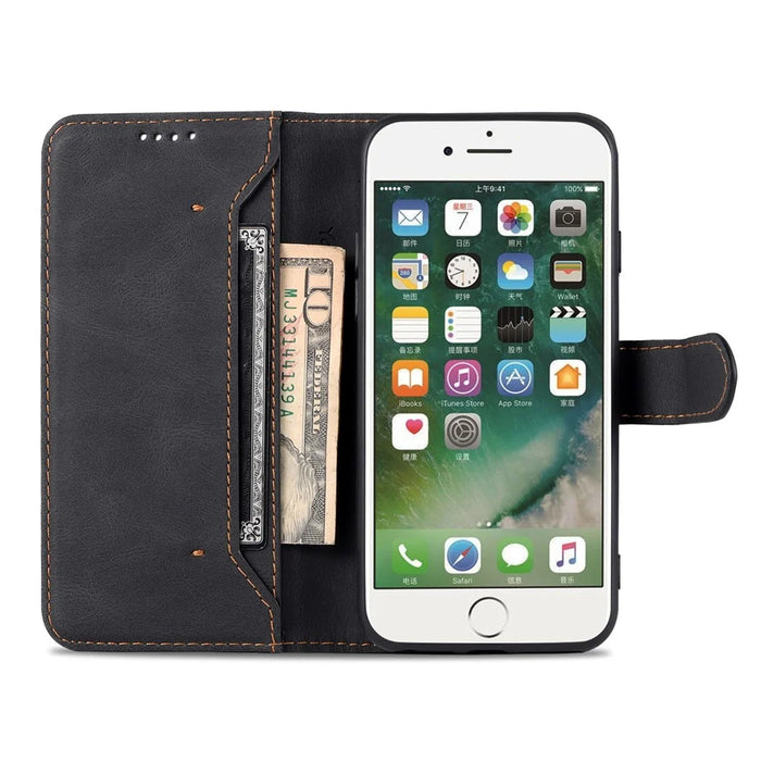 AZNS Shock-Absorbed Leather Phone Cover + Soft TPU Inner Shell Wallet Stand Case for iPhone SE (2022)/SE (2020)/8/7 - Black - 4
