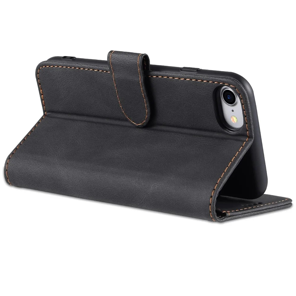 AZNS Shock-Absorbed Leather Phone Cover + Soft TPU Inner Shell Wallet Stand Case for iPhone SE (2022)/SE (2020)/8/7 - Black - 6