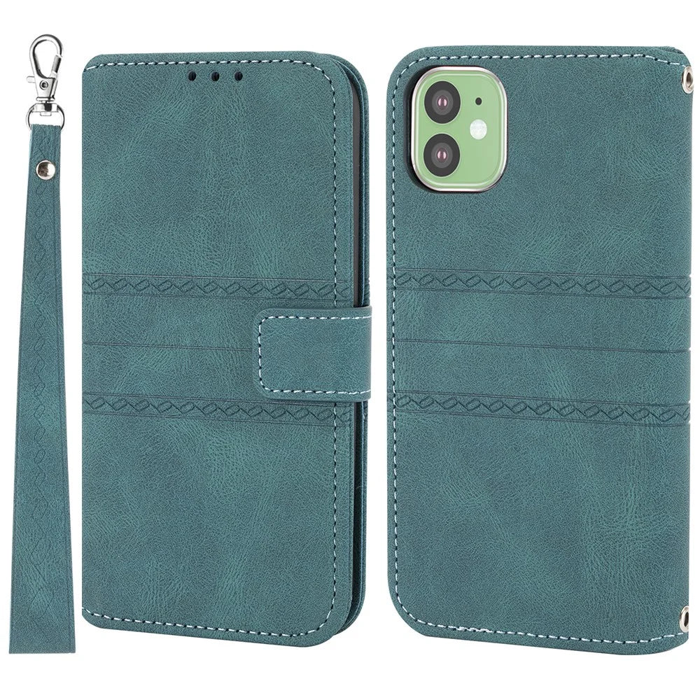 Imprint Pattern Design PU Leather + TPU Wallet Phone Case Phone Cover with Wrist Strap for iPhone 11 6.1 inch - Green - 1