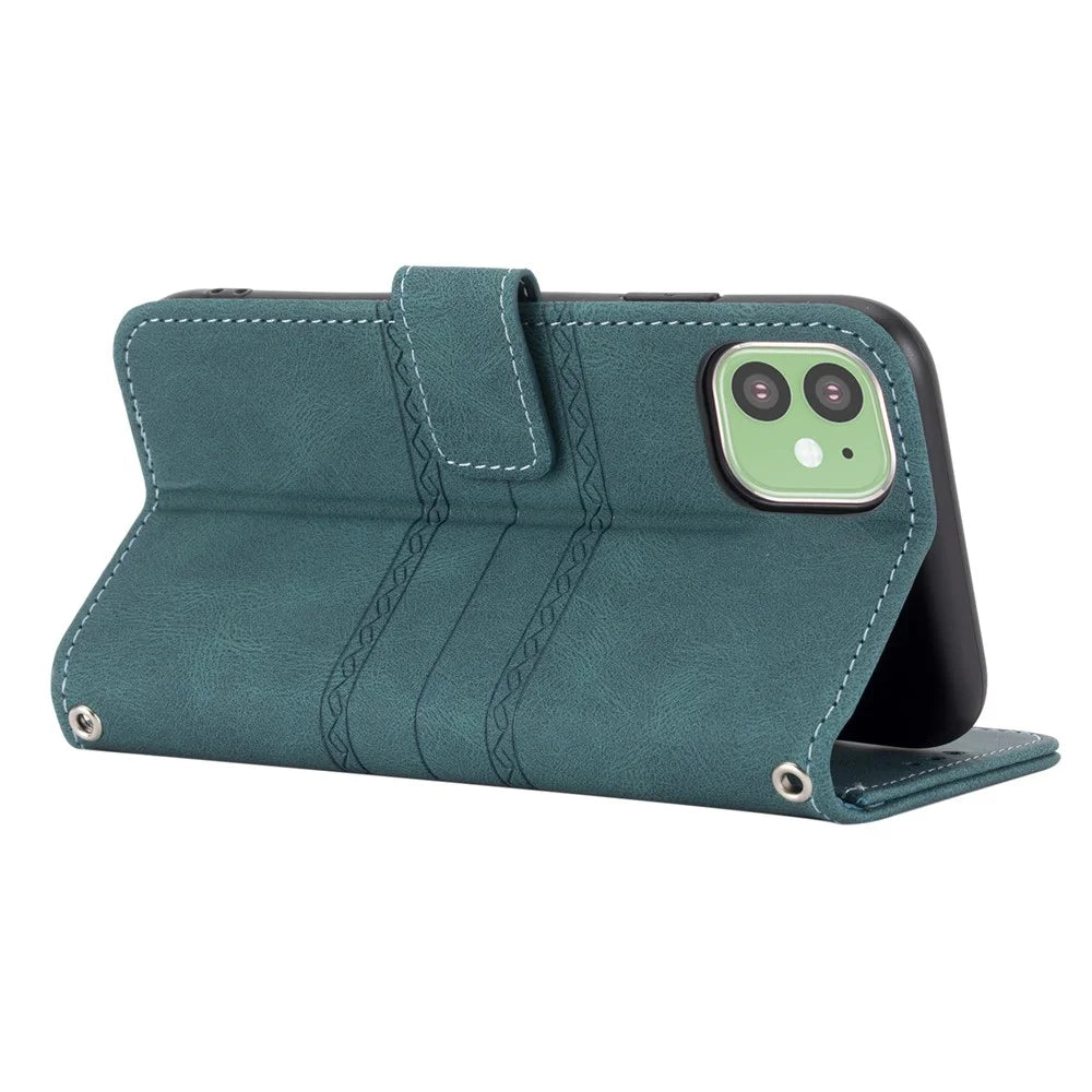 Imprint Pattern Design PU Leather + TPU Wallet Phone Case Phone Cover with Wrist Strap for iPhone 11 6.1 inch - Green - 6