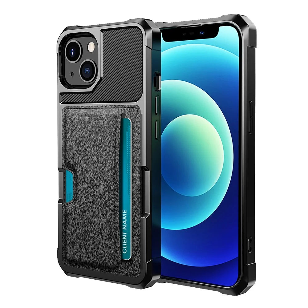 ZM02 Card Slot Design Shockproof PU Leather Coated TPU Phone Case Hybrid Cover for iPhone 13 6.1 inch - Black - 1