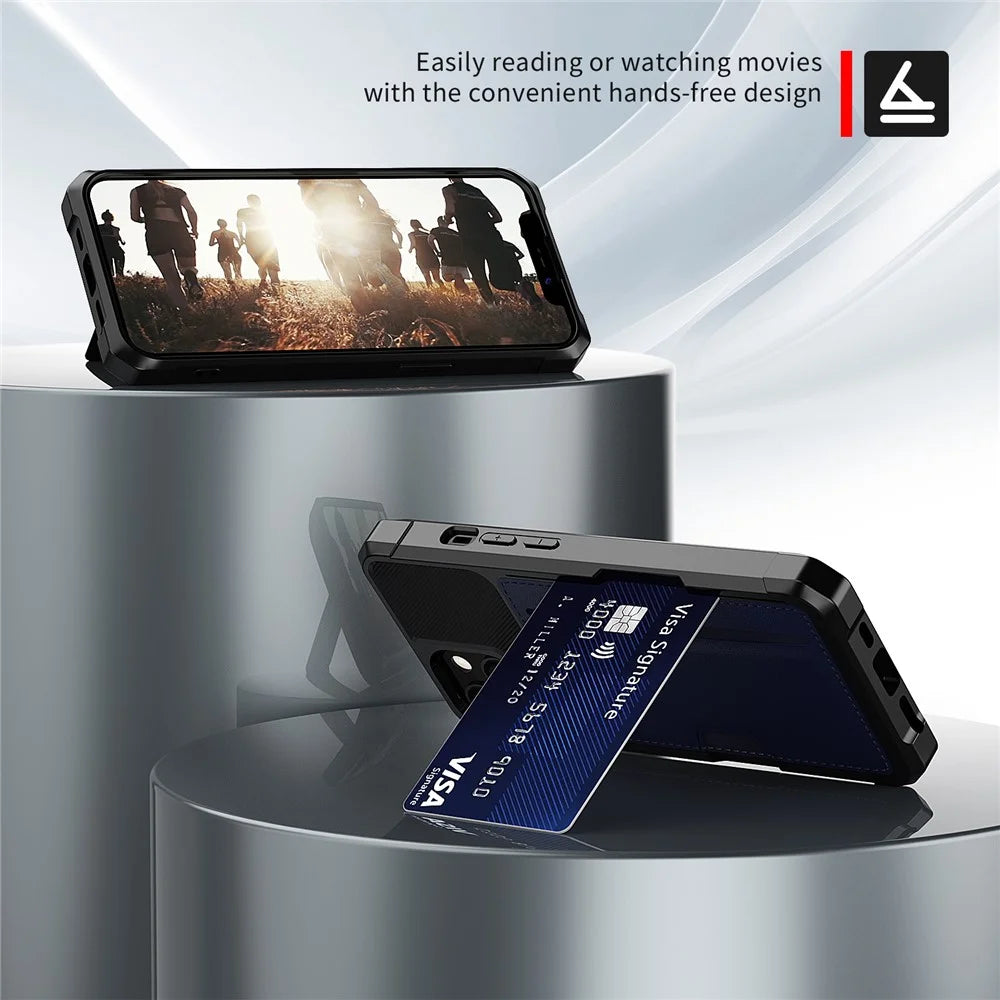 ZM02 Card Slot Design Shockproof PU Leather Coated TPU Phone Case Hybrid Cover for iPhone 13 6.1 inch - Black - 4