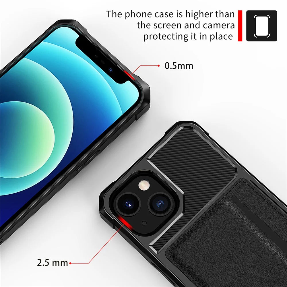 ZM02 Card Slot Design Shockproof PU Leather Coated TPU Phone Case Hybrid Cover for iPhone 13 6.1 inch - Black - 5
