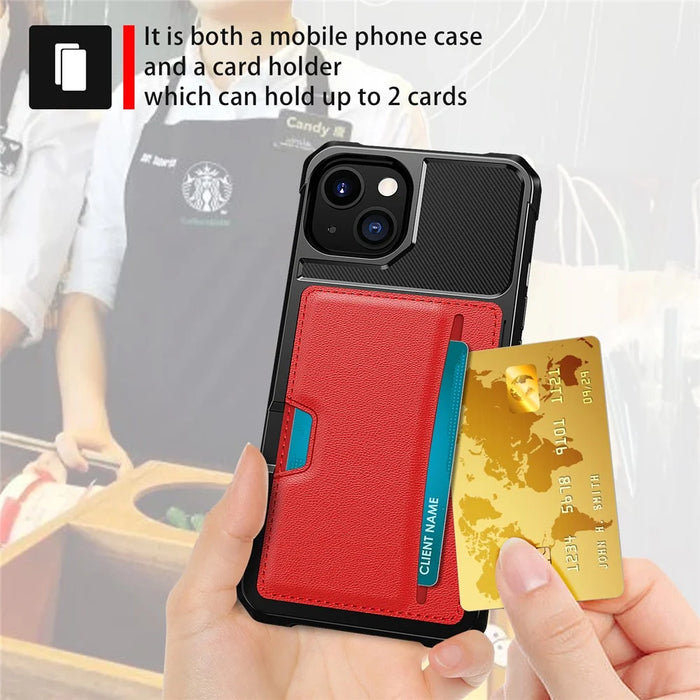 ZM02 PU Leather Coated TPU Hybrid Case Card Holder Phone Shell for iPhone 13 mini 5.4 inch - Red - 3