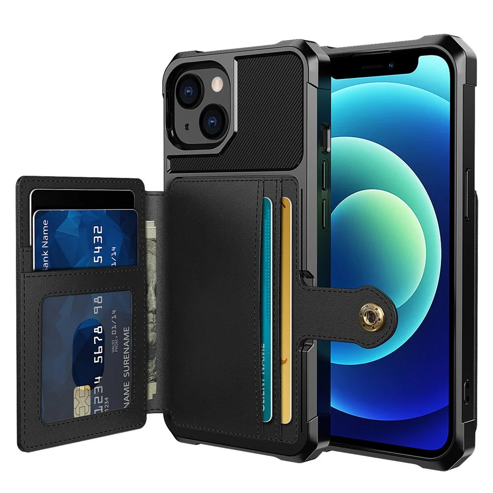ZM03 Magnetic Metal Sheet Design Drop-Resistant TPU Phone Case with PU Leather Wallet for iPhone 13 mini 5.4 inch - Black - 1