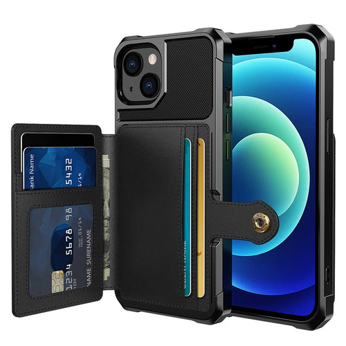 ZM03 Magnetic Metal Sheet Design Drop-Resistant TPU Phone Case with PU Leather Wallet for iPhone 13 mini 5.4 inch - Black - 1