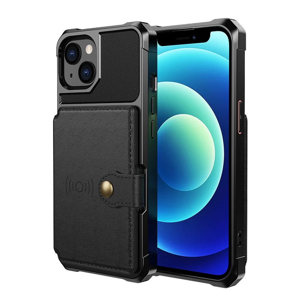 ZM03 Magnetic Metal Sheet Design TPU Phone Case with PU Leather Wallet for iPhone 13 6.1 inch - Black - 2